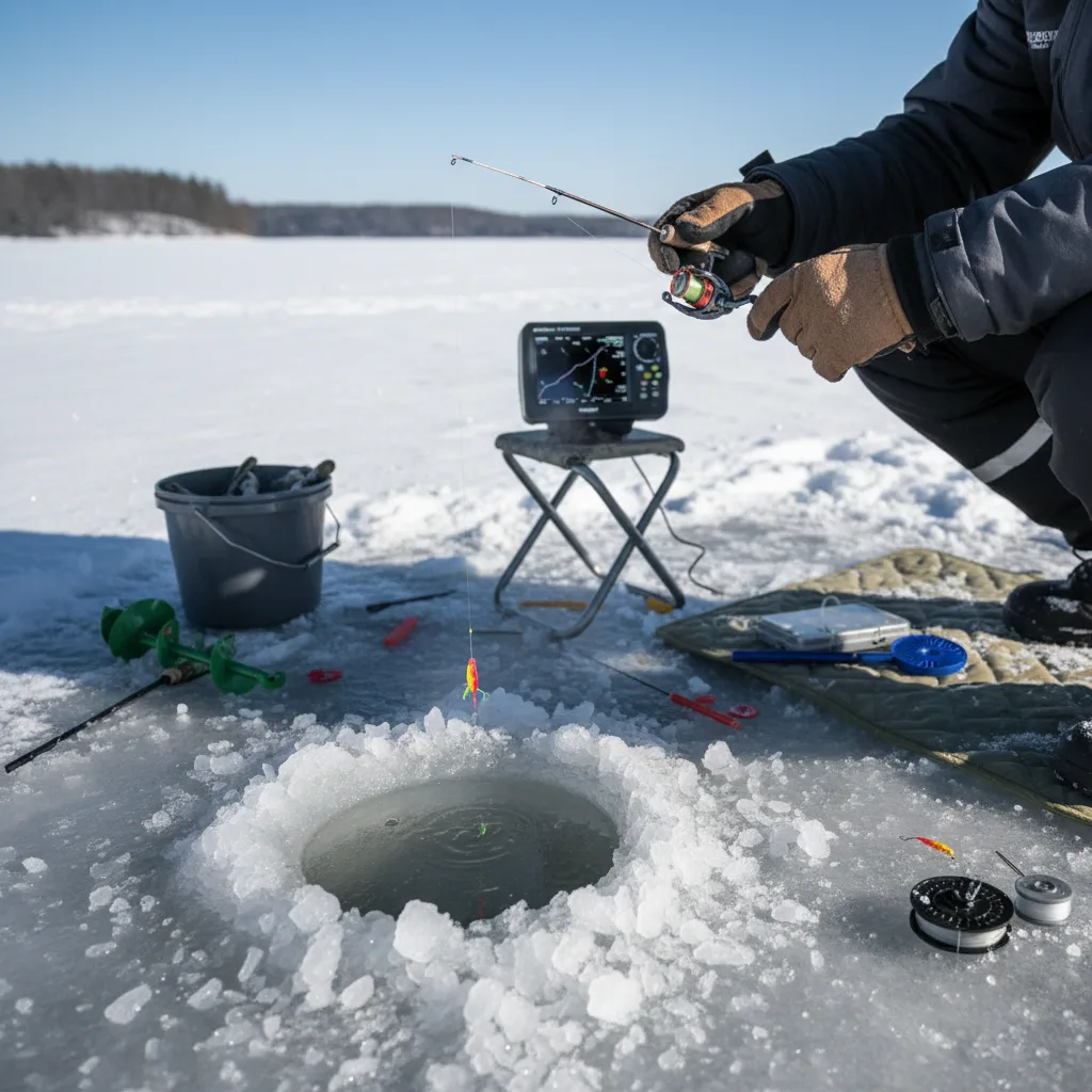 Close-up of a gloved hand baiting an ice rod