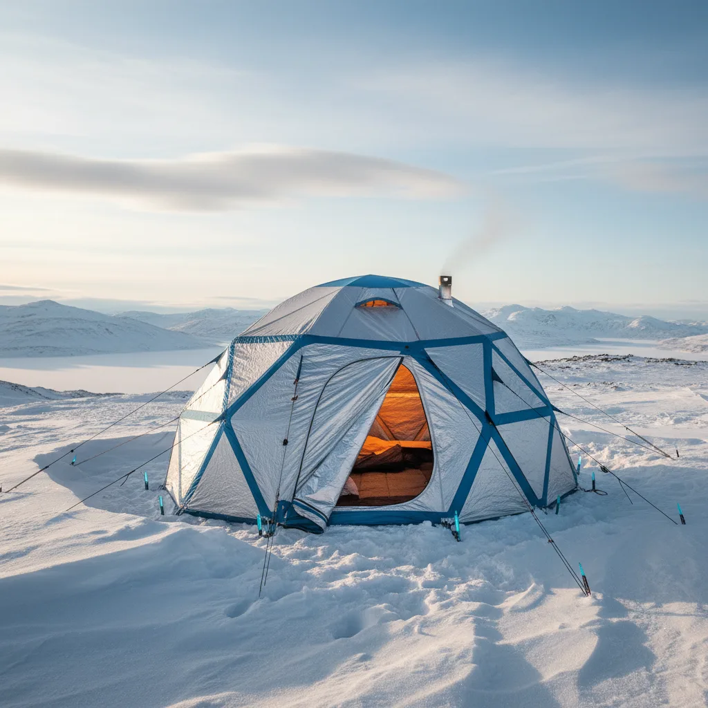 FrostLock Thermal Shelter set up on clear blue ice