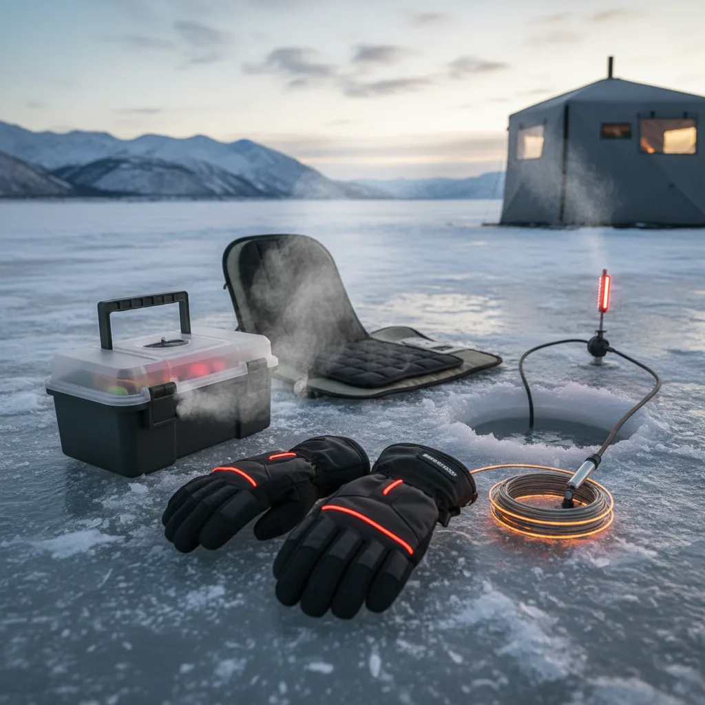 Heated gloves and accessory kit for ice fishing