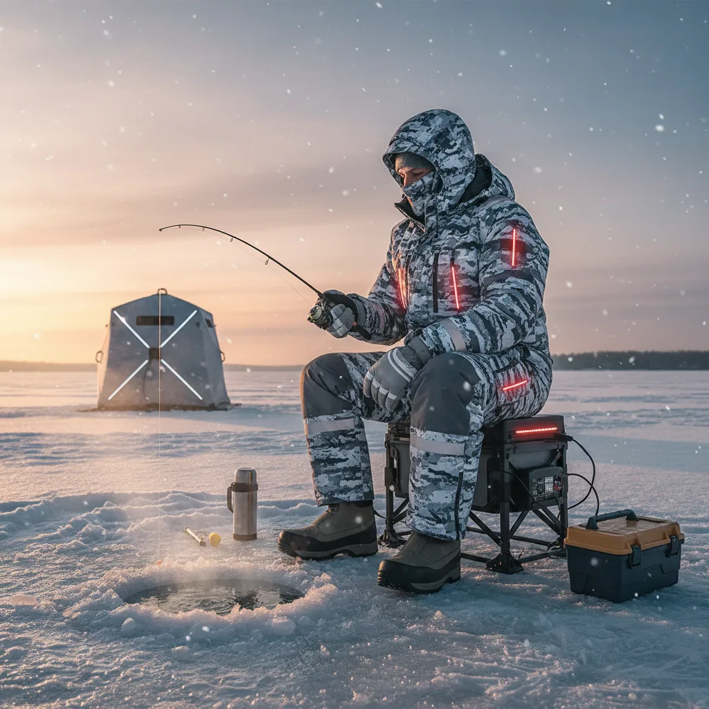 Angler in advanced winter clothing on ice