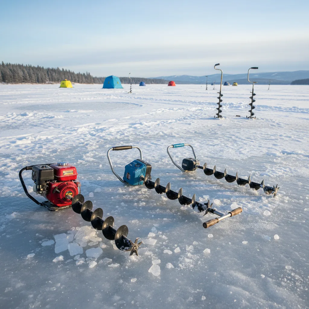 Hand and powered ice augers with blue blades