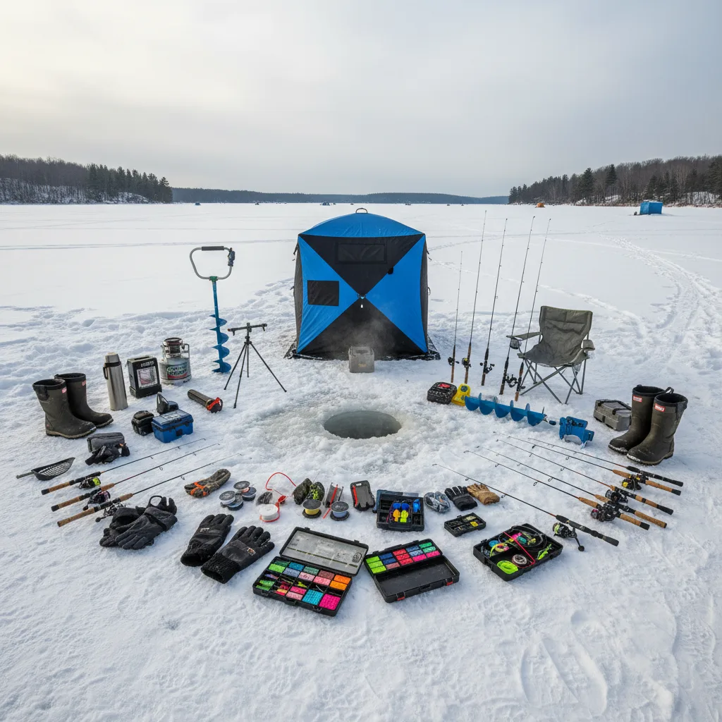 Compact tools, scoops and ice fishing accessories on frost background