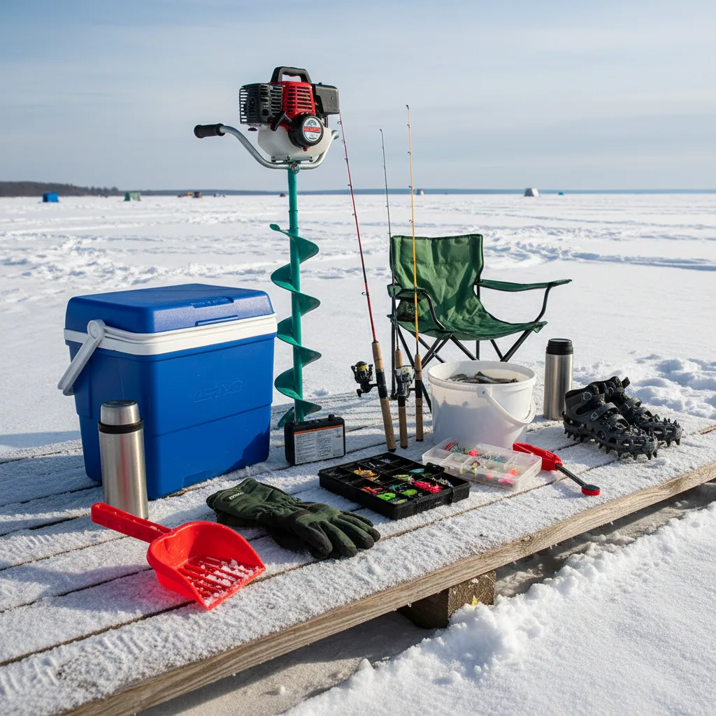 Selection of ice fishing accessories on frosty bench