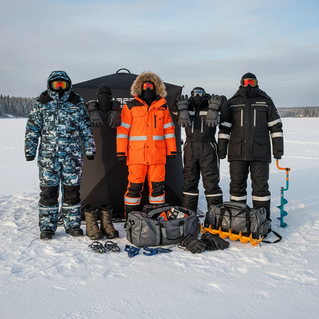 Ice angler technical clothing, jackets gloves boots displayed