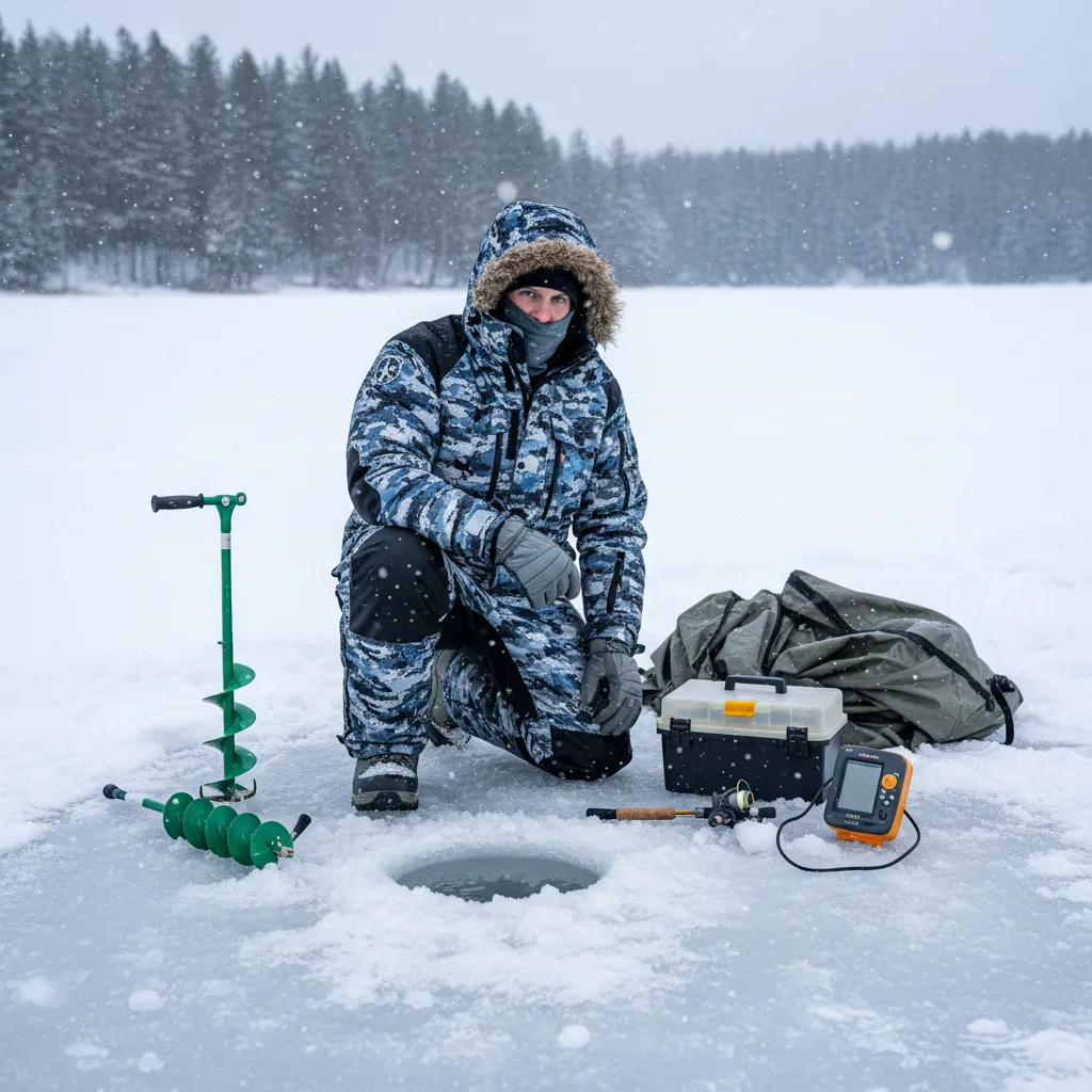 Layered insulated jackets, bibs, gloves and boots for ice anglers