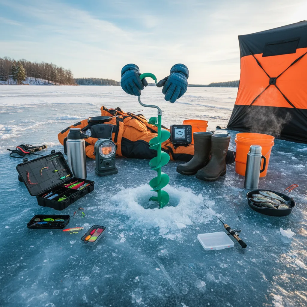Editorial close-up of premium ice fishing gear on a frozen lake