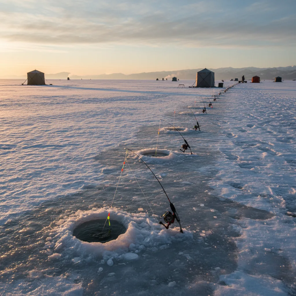 Coils of ice-rated fishing line splayed on frost