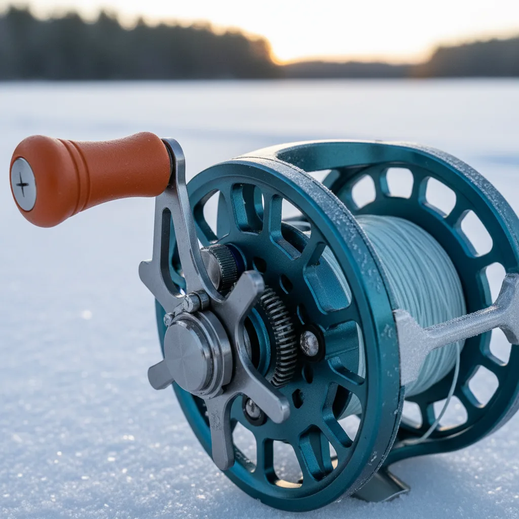 Modern ice fishing reel with ice-resistant coating, closeup