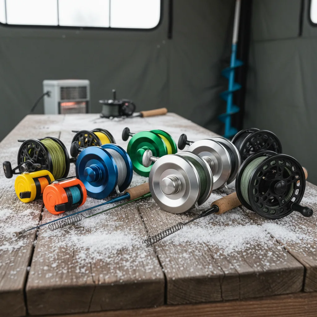 Variety of ice fishing reels displayed on frosty table