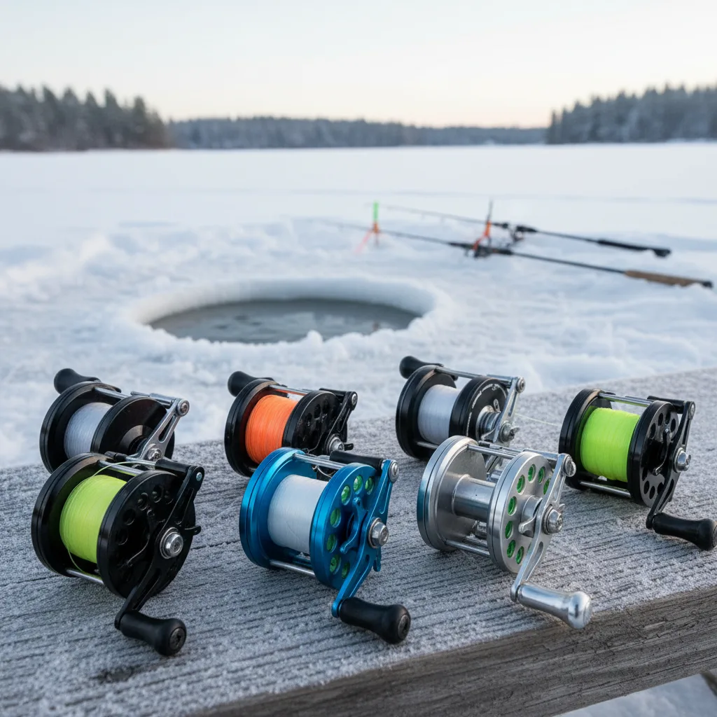 Premium ice fishing reels assembled on equipment mat
