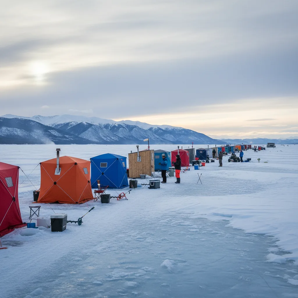 Portable ice fishing domes and thermal pop-up shelters on icy lake