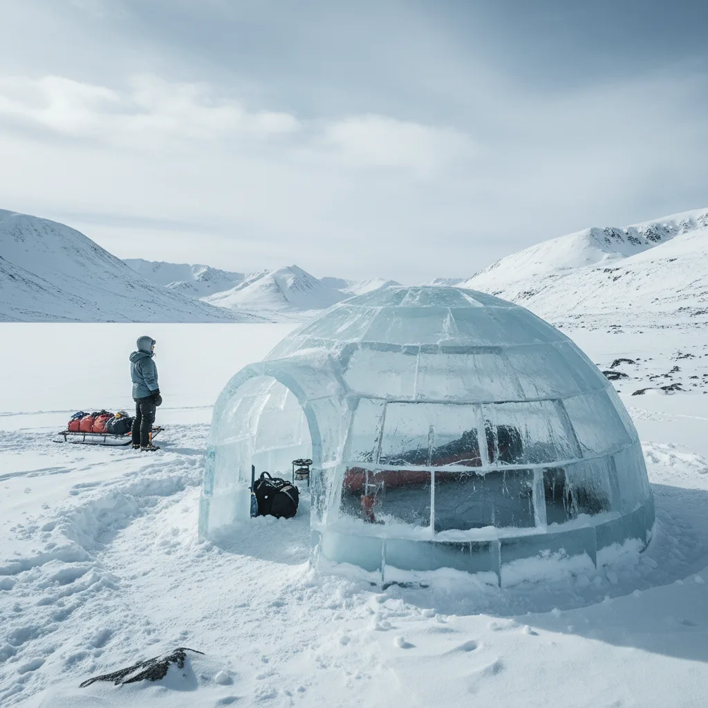 Thermal shelter domes set up on snowy ice