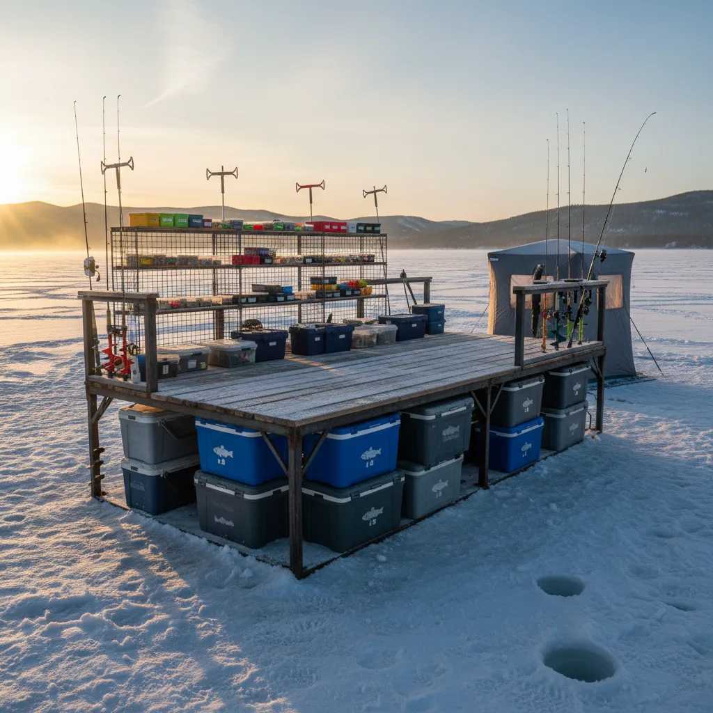 Closeup of ice tackle storage boxes and organizers on snow