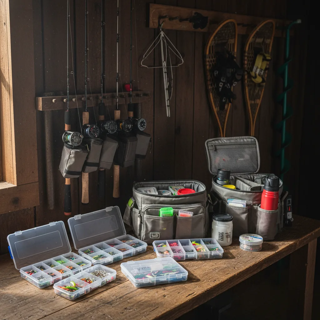 Rugged boxes and winter tackle bags ramped on snow