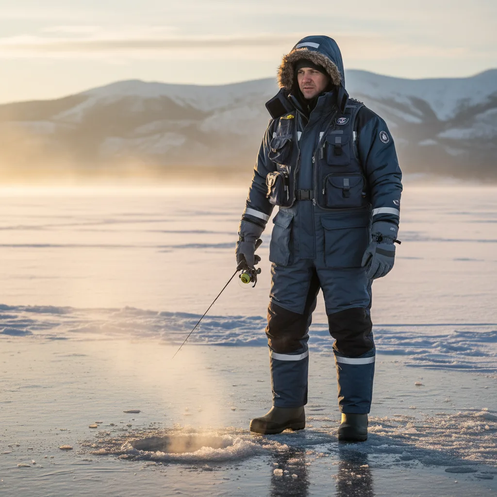 Layered, insulated fishing clothing in cold environment