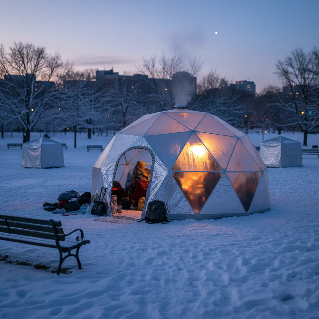 Insulated portable ice fishing shelter setup with winter background