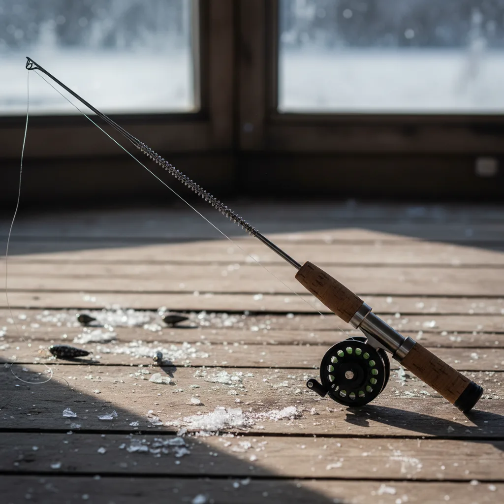 Titanium tip-up ice fishing rod showcased on ice