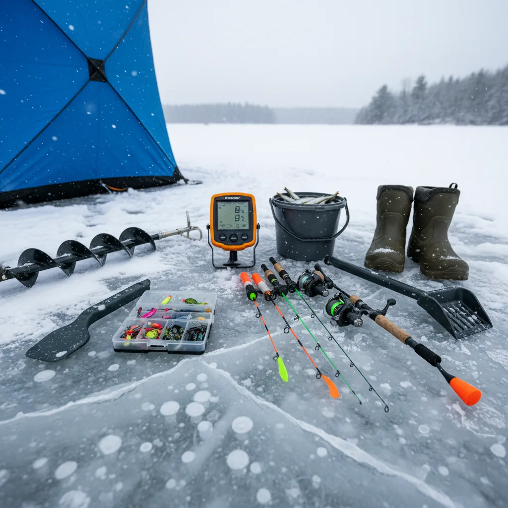 Selection of ice fishing tools and hi-tech accessories laid on snow
